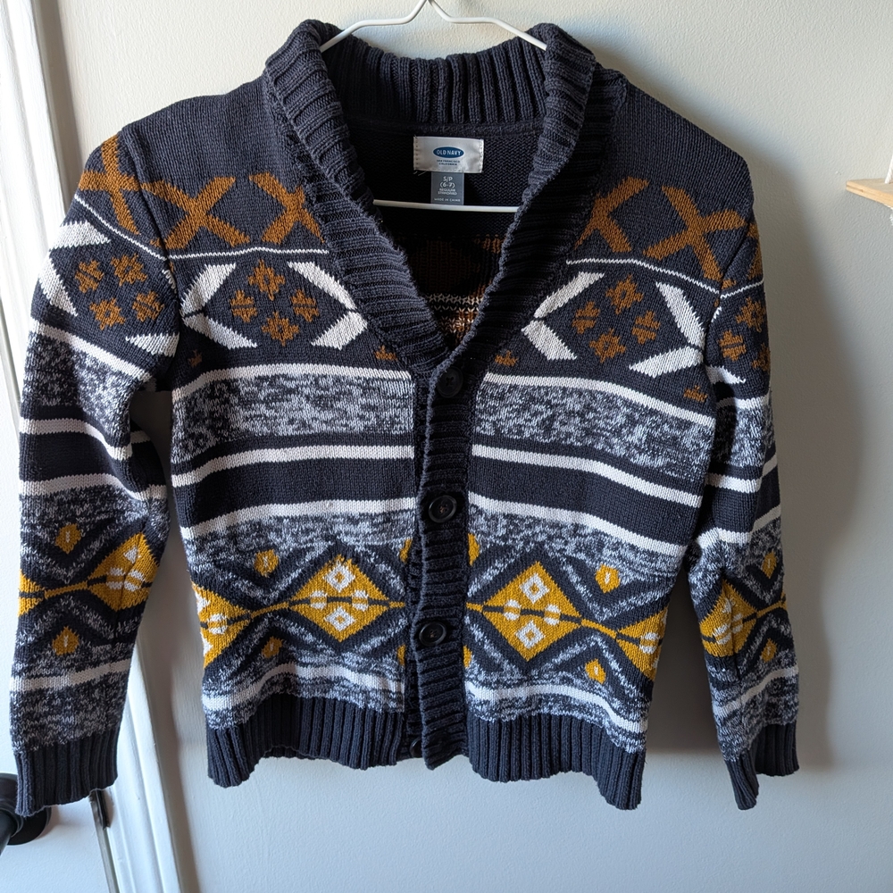 Old Navy Charcoal, Mustard & White Fair Isle Shawl Cardigan For Kids